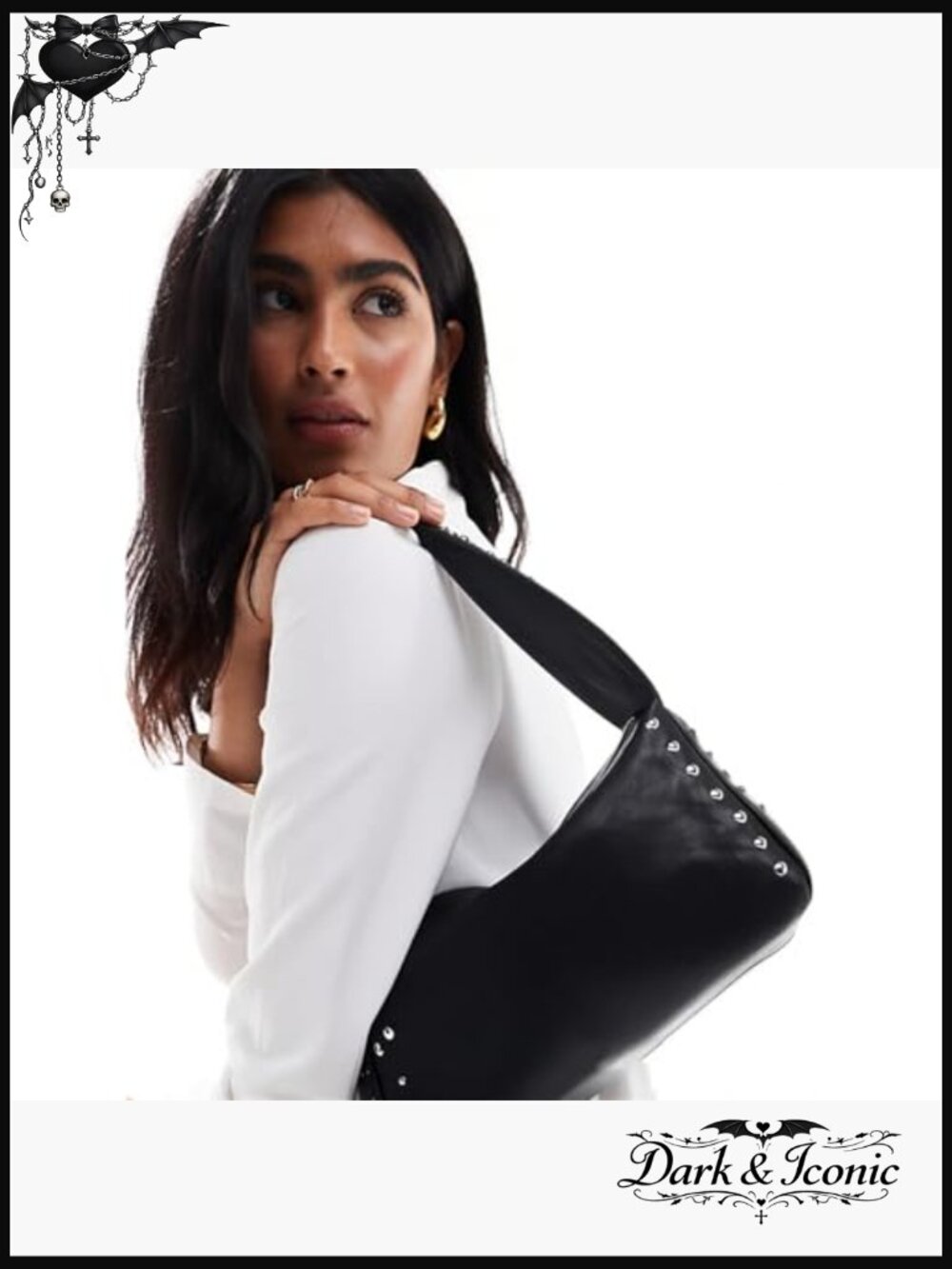 Vegan Studded Shoulder Bag with Adjustable Strap, Y2K Style Small Purse - Picture 7 of 7